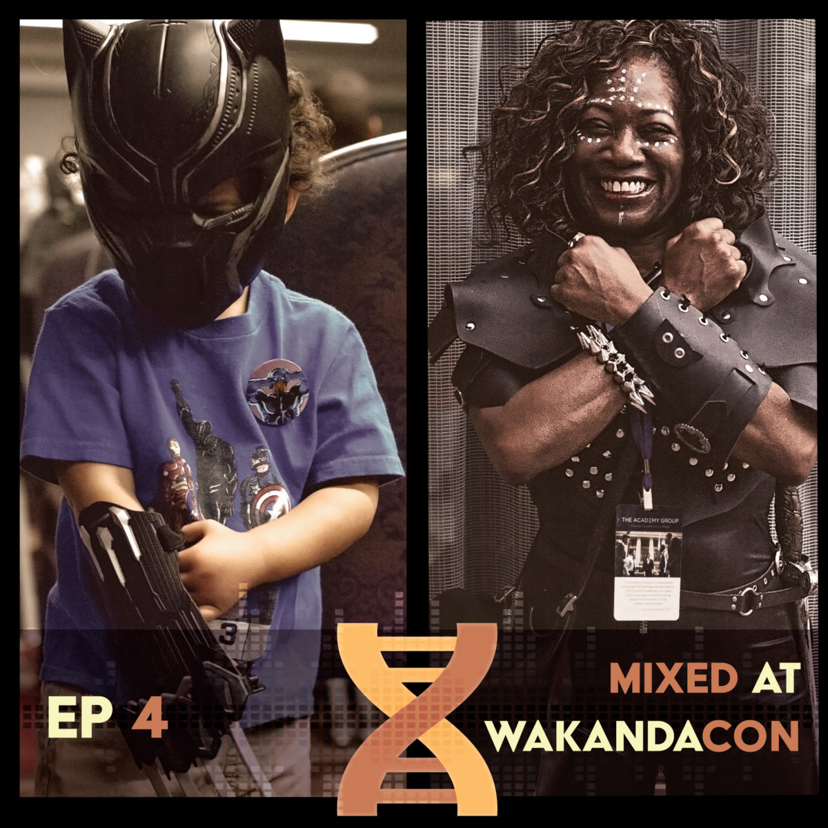 Image of a small child in a T'Challa mask, and a woman dressed in cosplay armor.